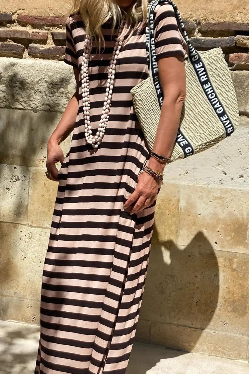 Black Stripe Casual Round Neck T-shirt Maxi Dress with Pockets - Love Salve